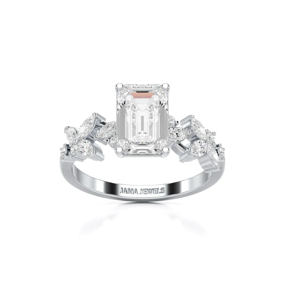 2.45 CT Emerald Cut Diamond Ring with Marquise & Round Diamonds Jama Jewels