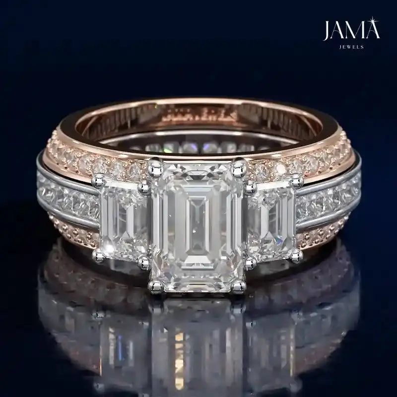 3 Stone Emerald Cut Two-Tone Lab Diamond Ring Jama Jewels