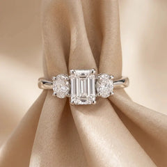 1.05 CT Emerald & Oval Three Stone Diamond Ring Jama Jewels