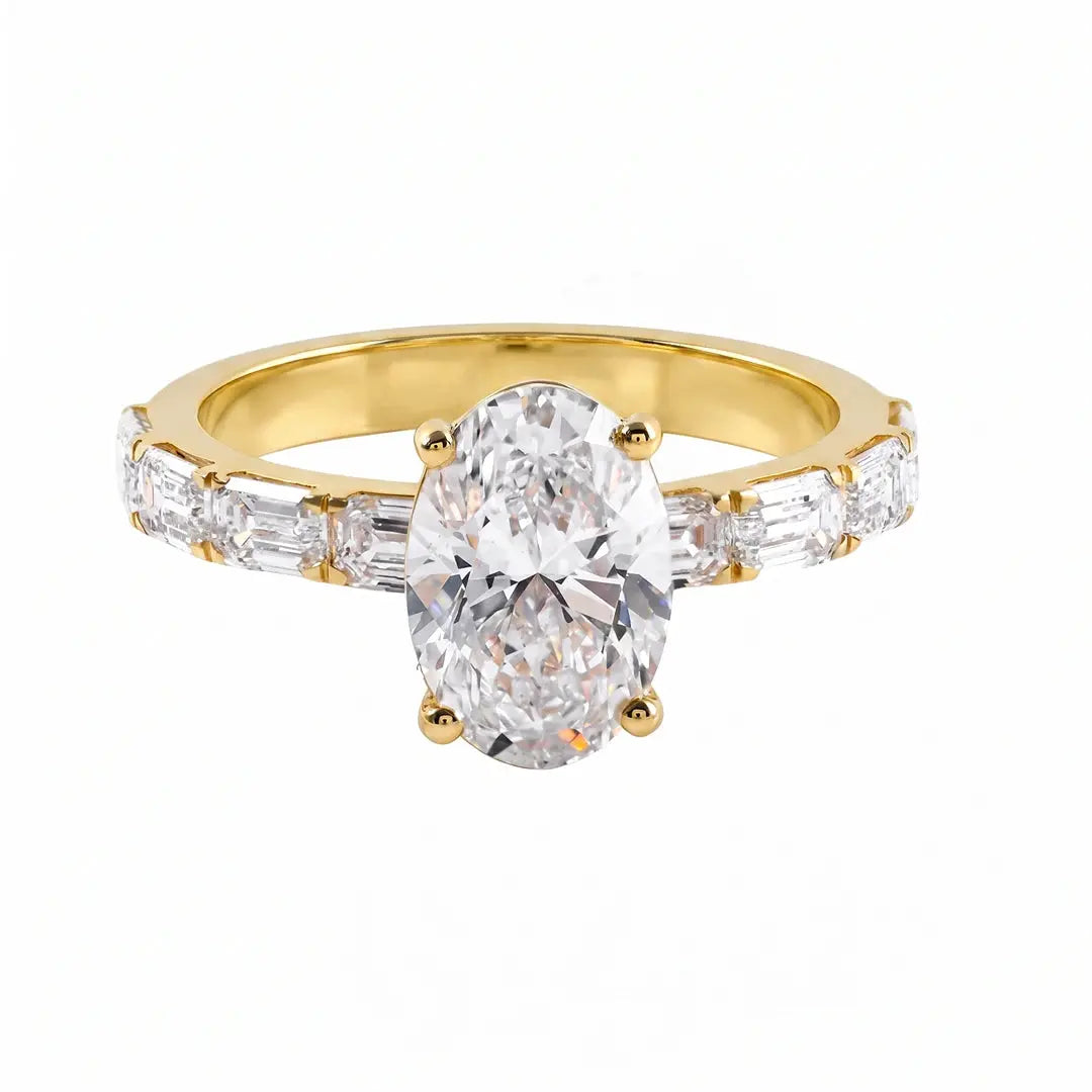 3.25 CT Oval Cut Ring With East West Emerald Side Diamonds