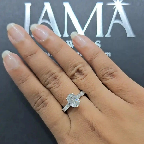 3.25 CT Oval Ring with Emerald Cut Diamonds in Pave Setting (Ready for Delivery)