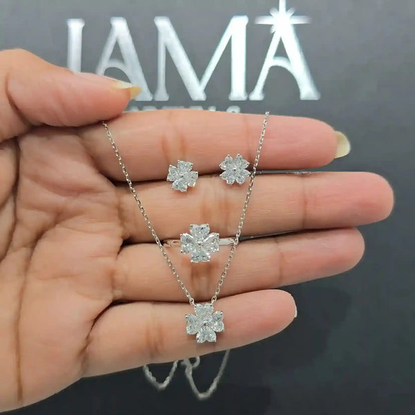 3.60 CT Floral Themed Diamond Jewellery Set - Ring, Earring & Chain Pendant (Ready for Delivery)