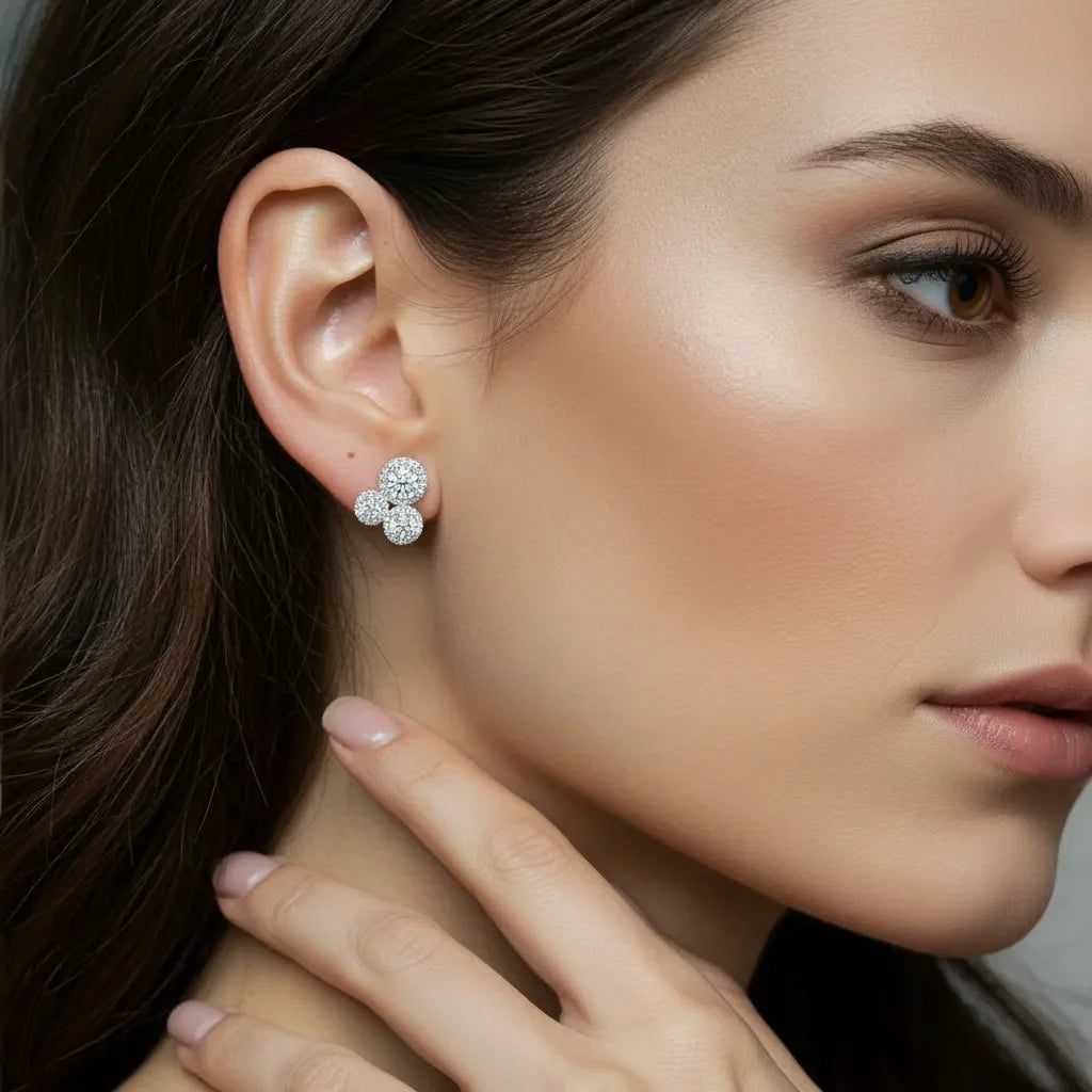 2.30 CT Trio Halo Round Cut Diamond Stud Earrings Jama Jewels