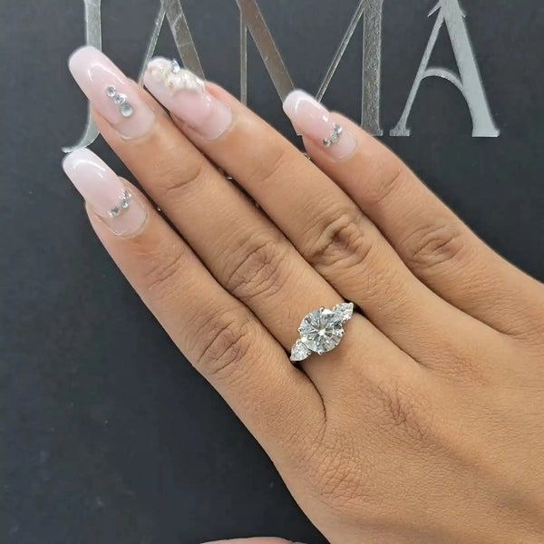 3.10 CT Round & Pear Cut Lab Diamond Three Stone Ring (Ready for Delivery)