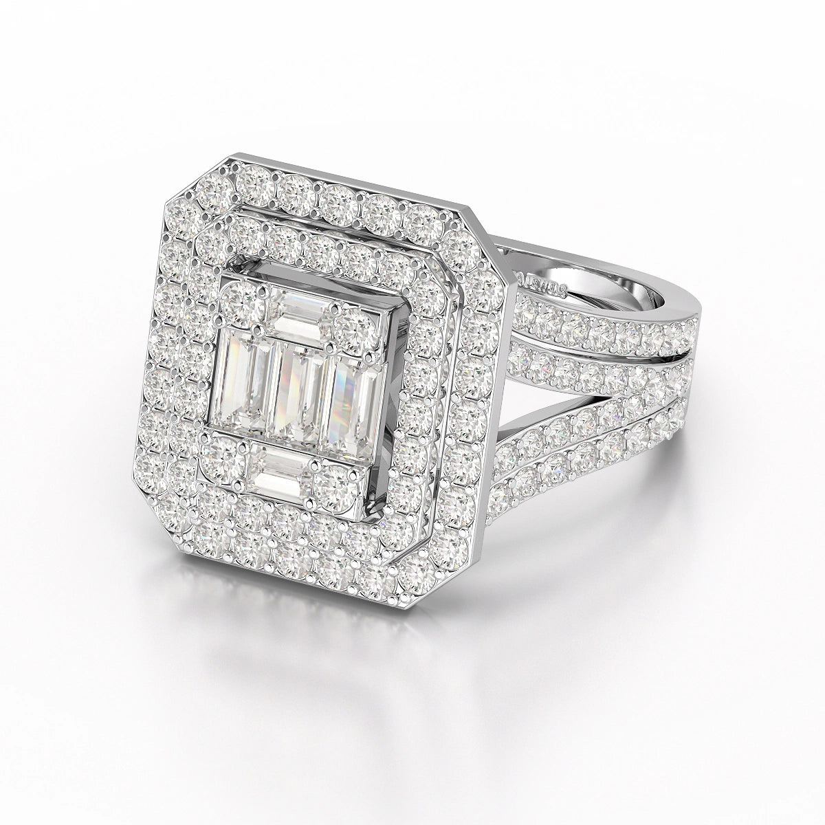 1.94 CT Baguette Cut Layered Halo Lab Diamond Ring