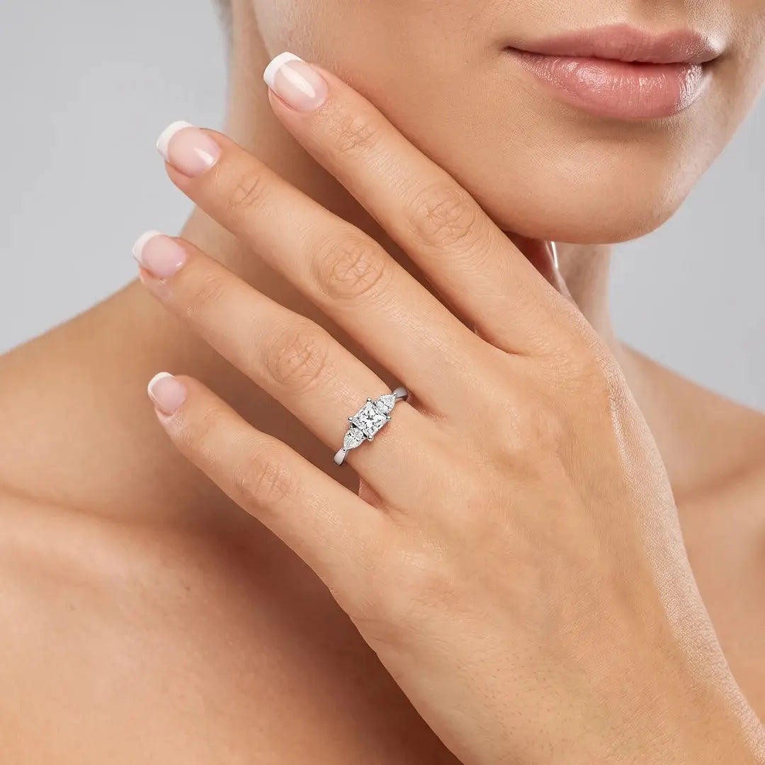 0.90 CT Princess & Pear Cut Lab Diamond Three Stone Ring