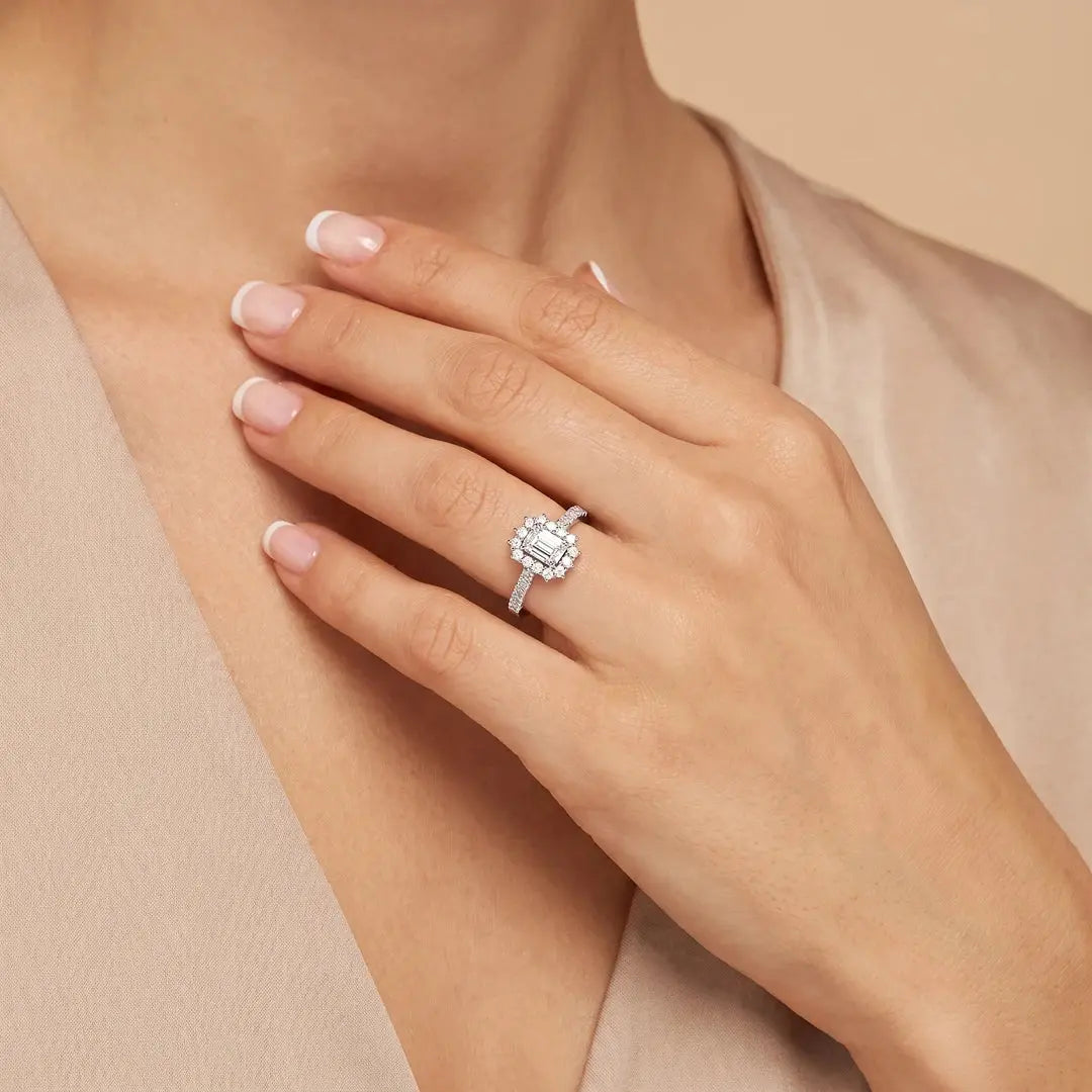 1.5 CT Lab Diamond Emerald Cut Halo Ring