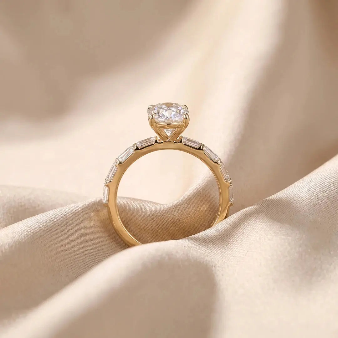 3.25 CT Oval Cut Ring With East West Emerald Side Diamonds