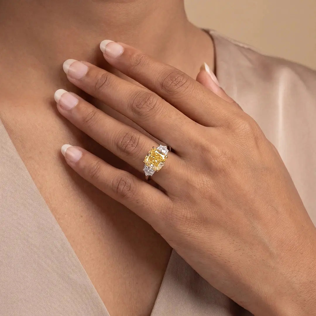 5.65 CT Three Stone Yellow Cushion Cut Diamond Trilogy Ring