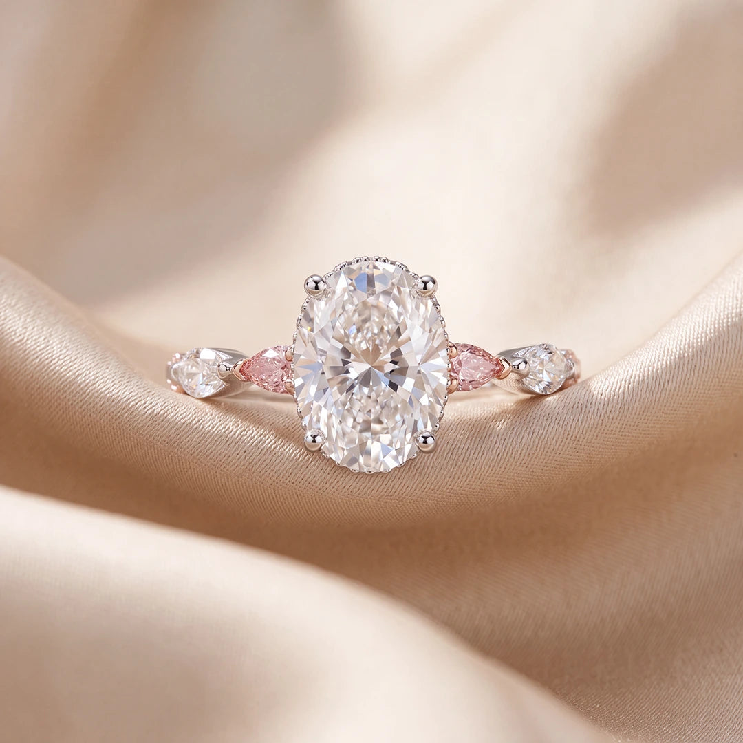 3.85 CT Oval Cut Hidden Halo Ring with Pink and White Diamonds