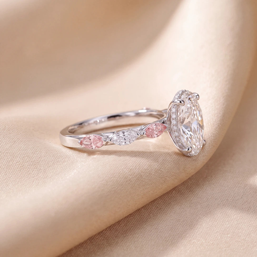 3.85 CT Oval Cut Hidden Halo Ring with Pink and White Diamonds