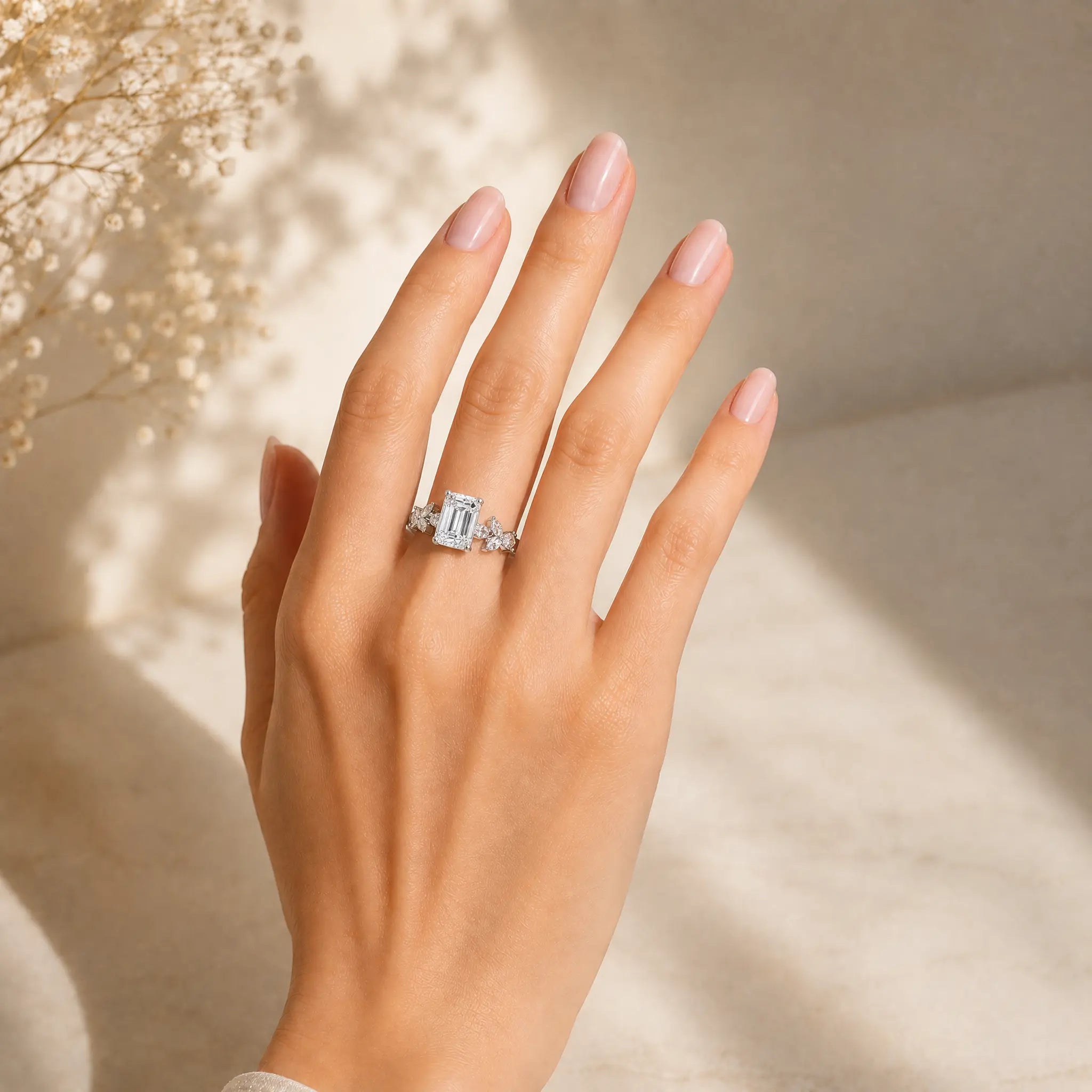 2.45 CT Emerald Cut Diamond Ring with Marquise & Round Diamonds Jama Jewels