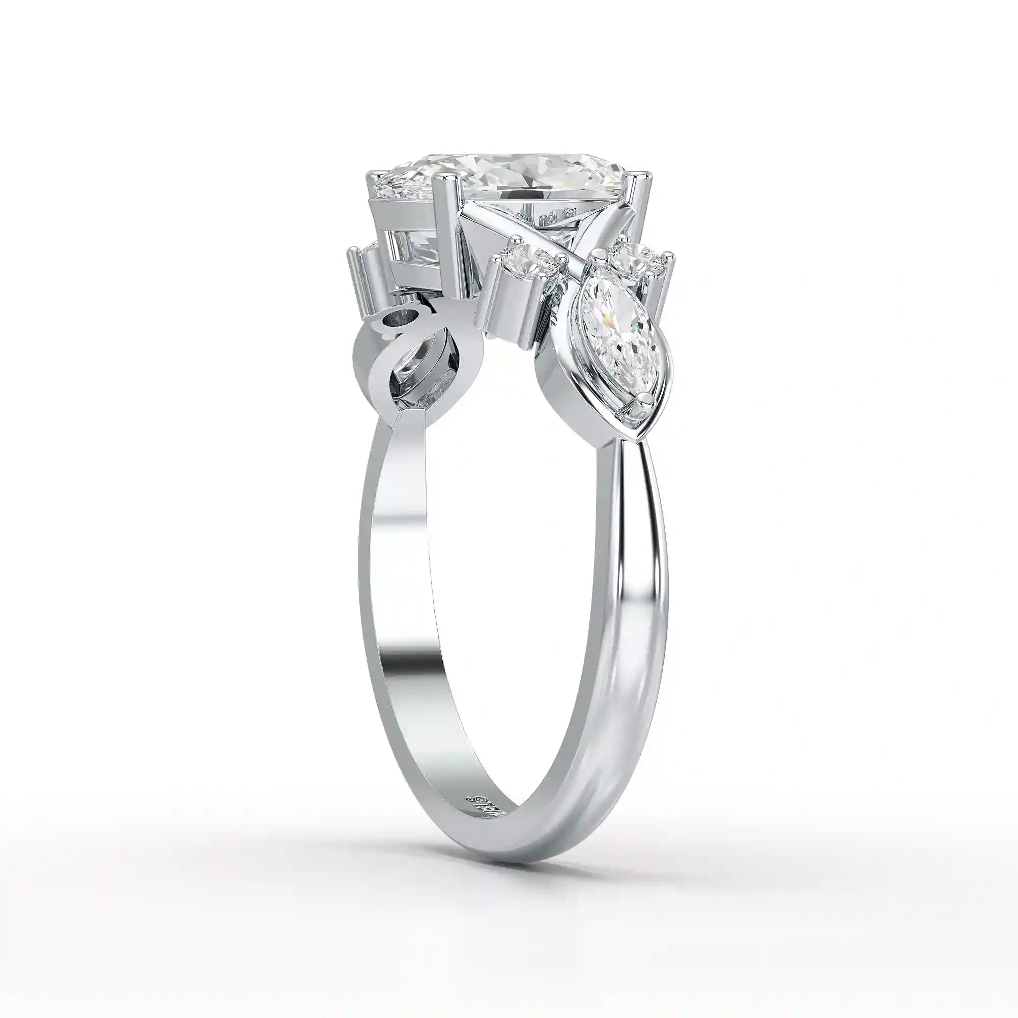 1.80 CT Oval Cut Sideways Ring with Marquise & Round Side Diamonds