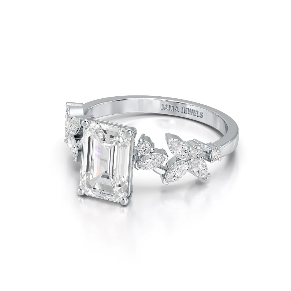 2.45 CT Emerald Cut Diamond Ring with Marquise & Round Diamonds Jama Jewels