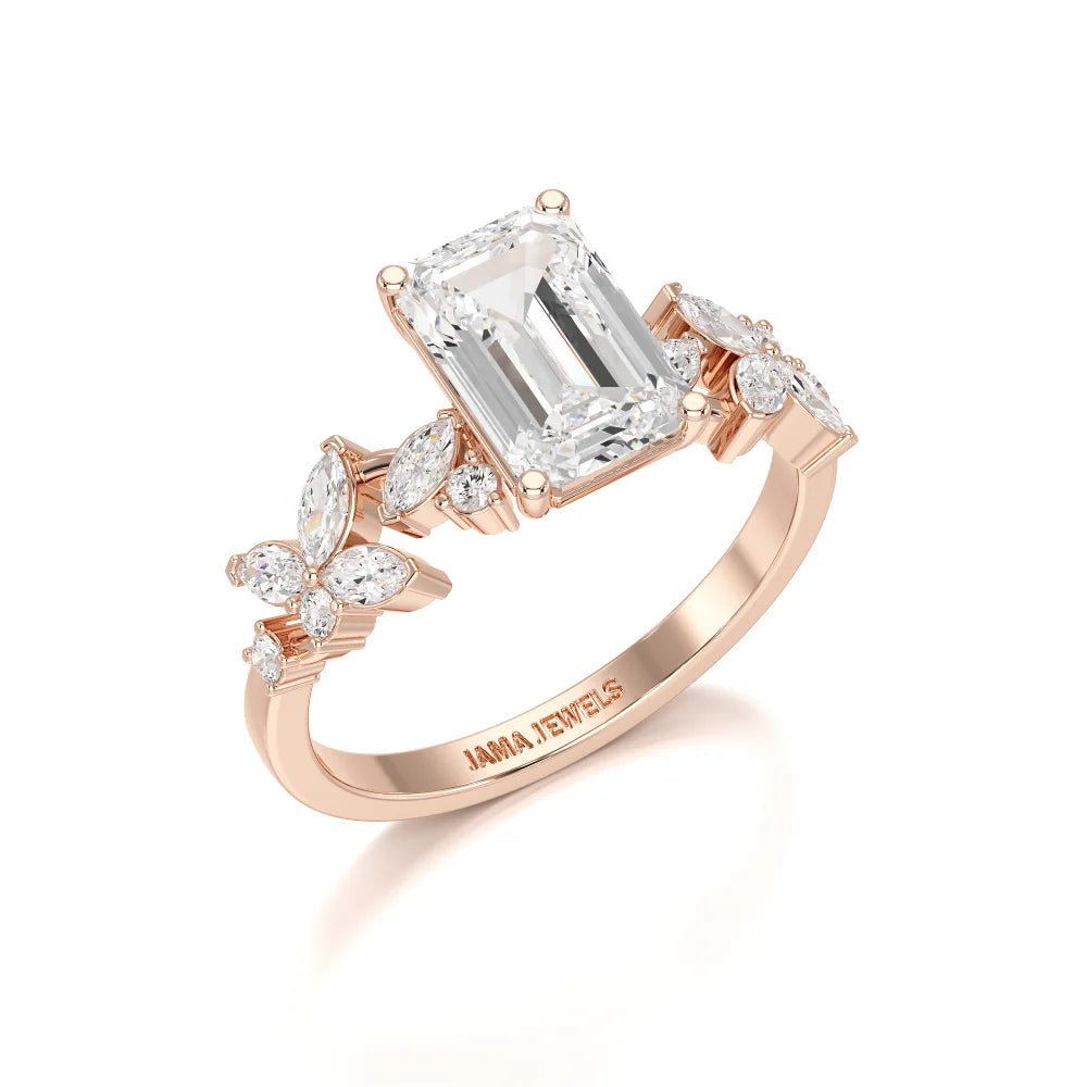 2.45 CT Emerald Cut Diamond Ring with Marquise & Round Diamonds Jama Jewels