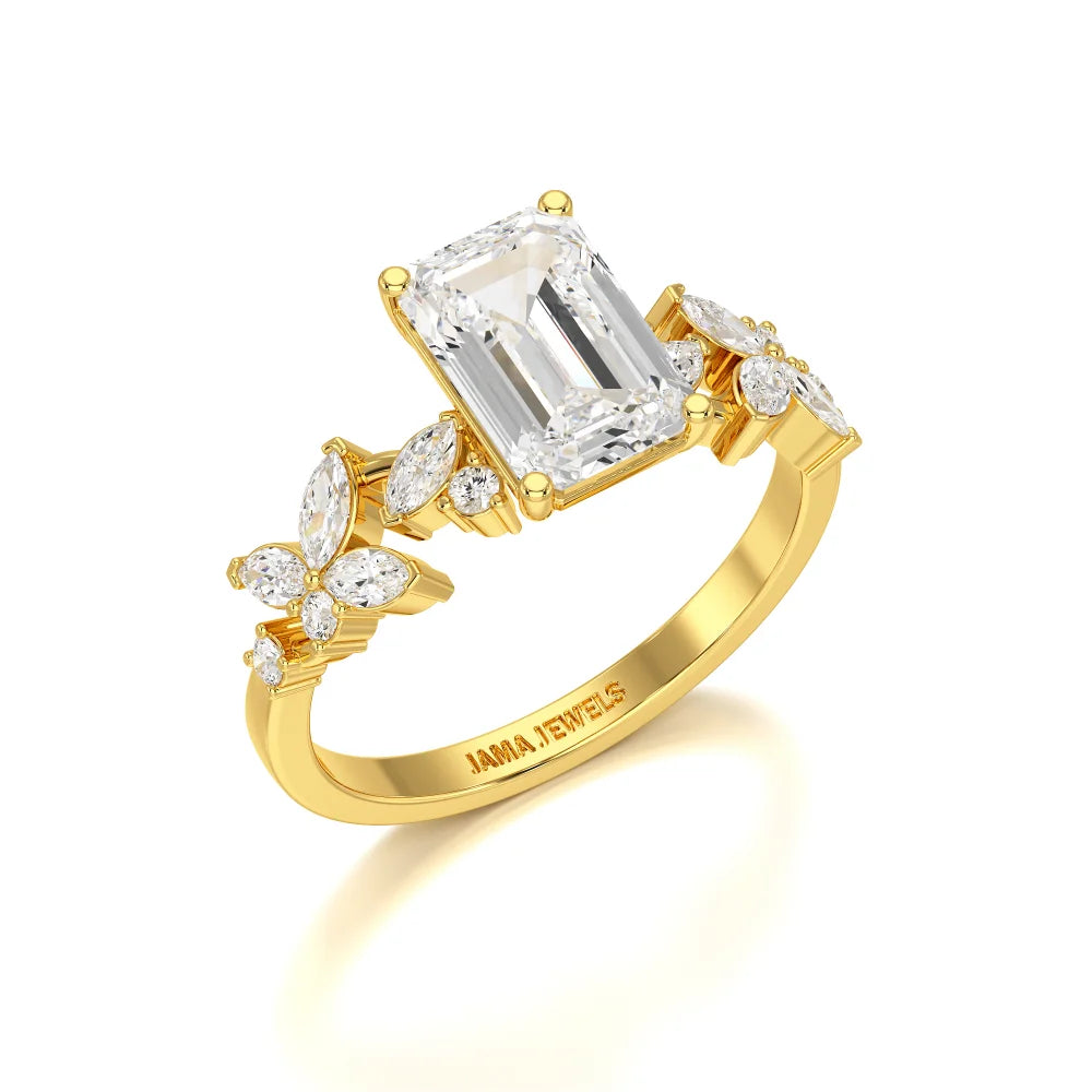 2.45 CT Emerald Cut Diamond Ring with Marquise & Round Diamonds Jama Jewels