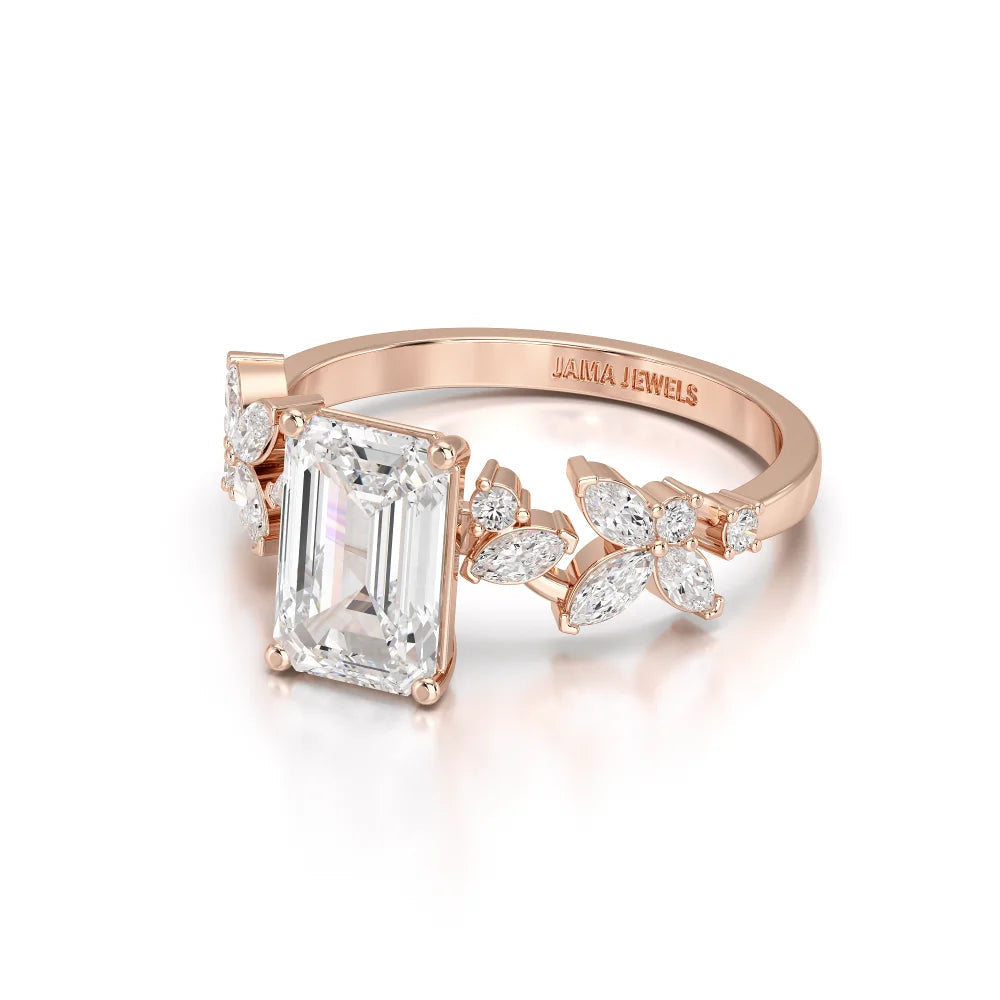2.45 CT Emerald Cut Diamond Ring with Marquise & Round Diamonds Jama Jewels
