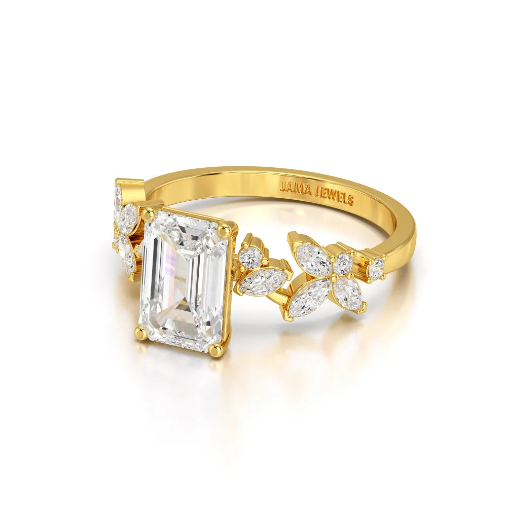 2.45 CT Emerald Cut Diamond Ring with Marquise & Round Diamonds Jama Jewels