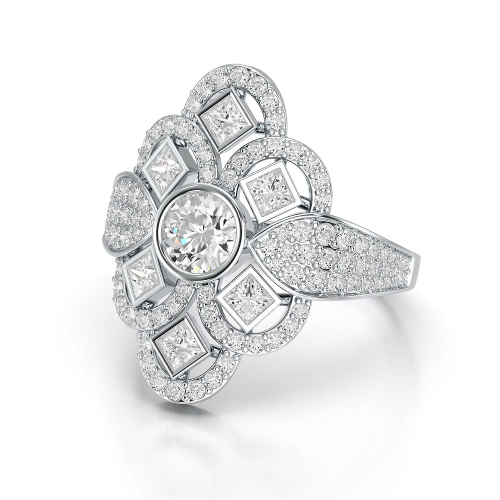 1.70 CT Princess & Round Diamonds Floral Cluster Ring Jama Jewels