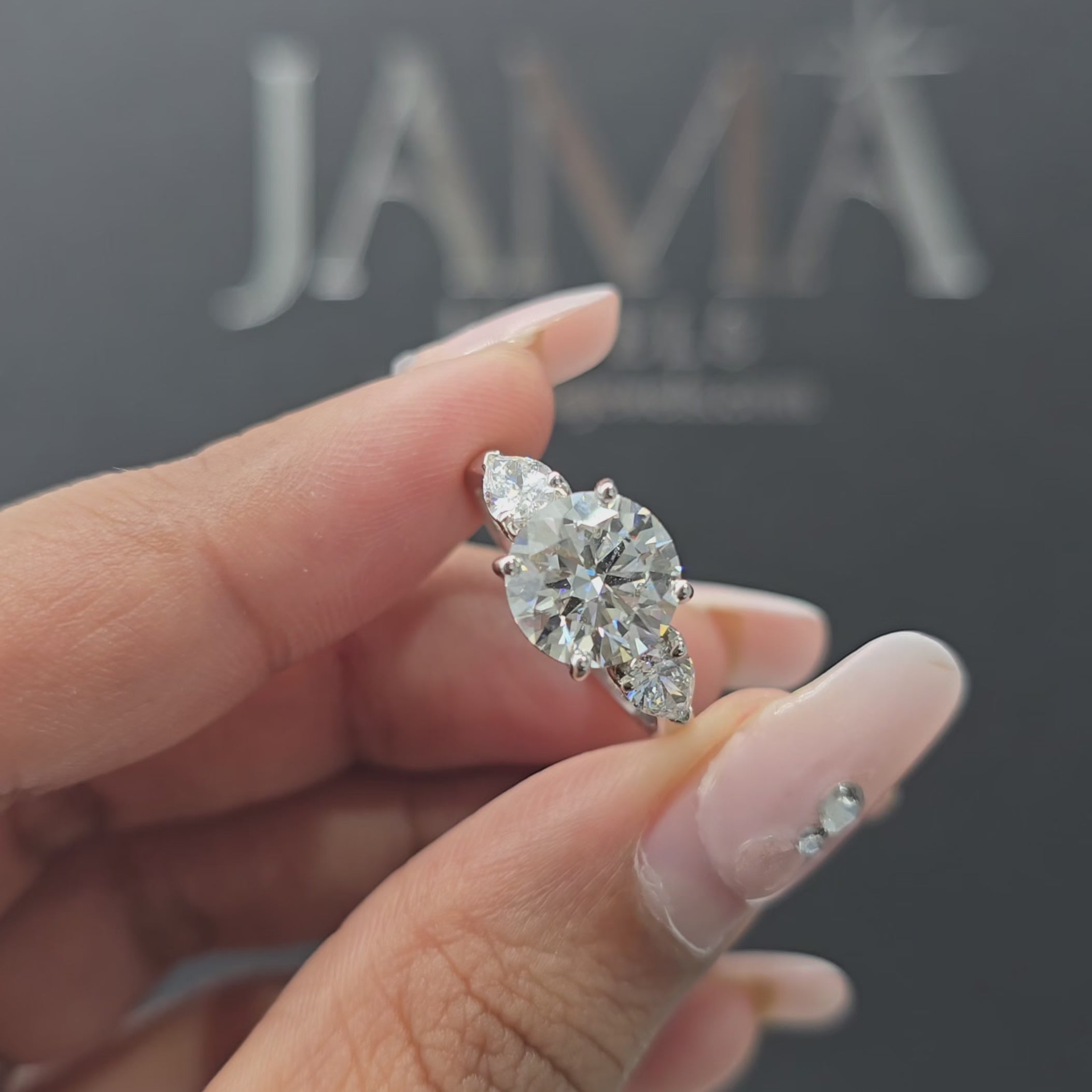 3.10 CT Lab Diamond Round & Pear Cut Three Stone Ring (Ready for Delivery)