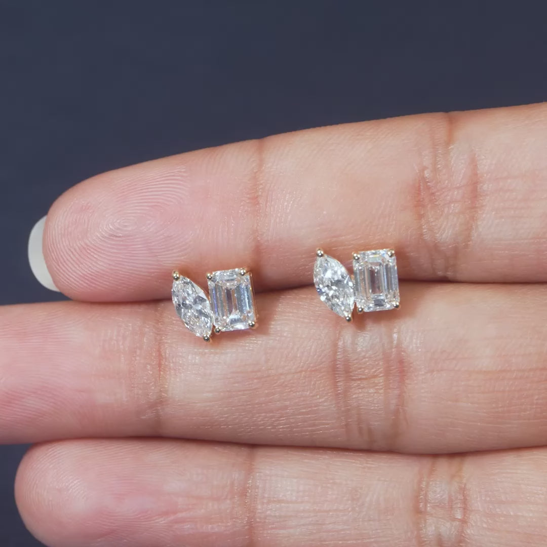 2.10 CT Emerald & Marquise Cut Lab Diamond Duo Studs