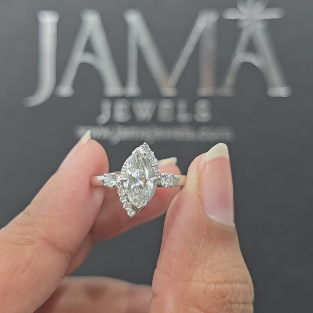 1.28 CT Marquise Diamond Halo Three Stone Ring (Ready for Delivery)